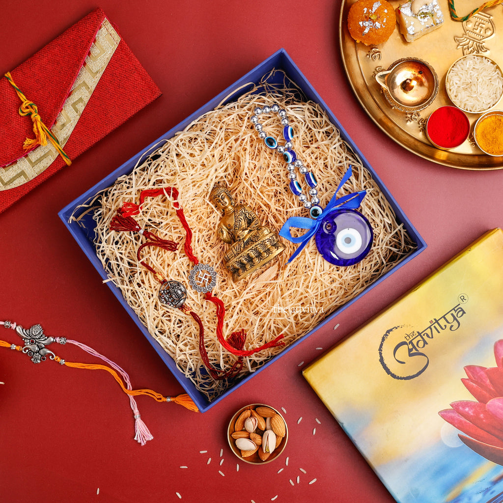rakhi gifting,rakhi hamper,rakhi special colection,2 Rakhis with Brass Buddha with Hanging Evil Eye