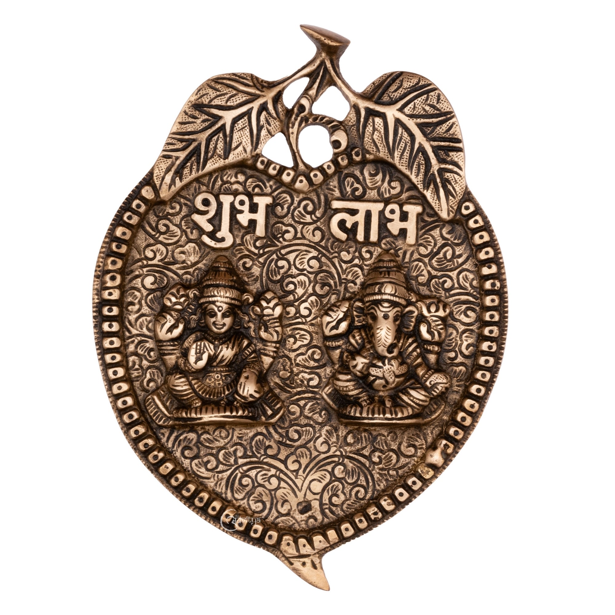 Brass Ganesha Laxmi on Leaf wall Hanging With Subh Labh