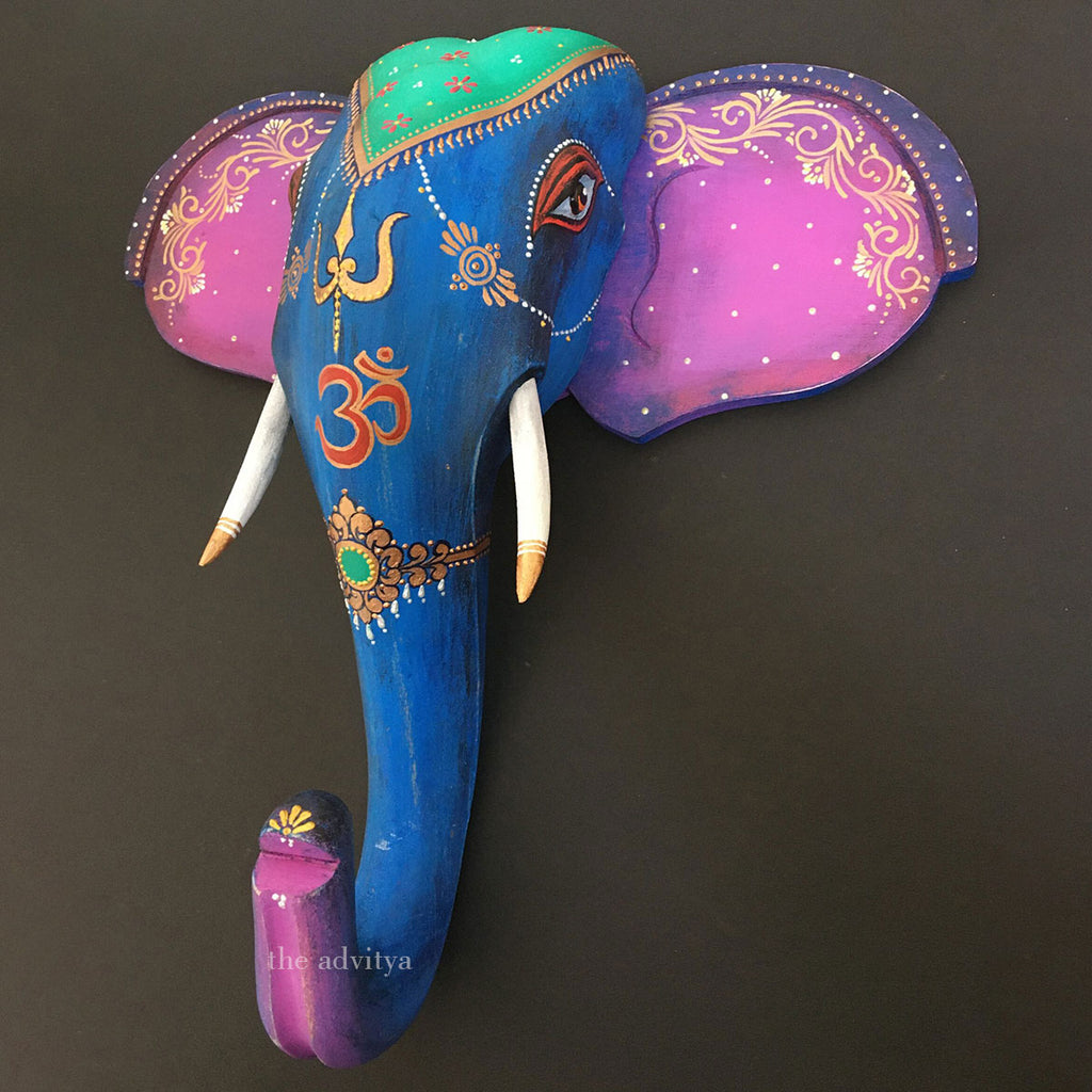 wooden blue elephant , wooden elephant head ,  wall decor , wooden blue elephant head with blue ears,Products Vintage blue Wooden Elephant Head