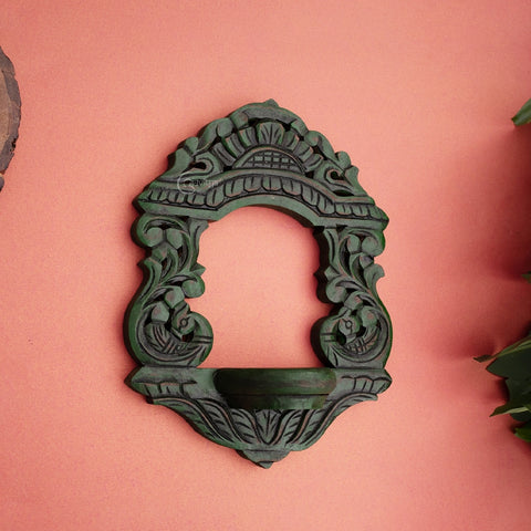 Wooden Carved Handpainted Green Bracket With Mango Leaf Kalash