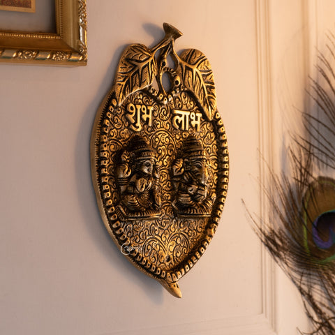 Brass Ganesha Laxmi on Leaf wall Hanging With Subh Labh