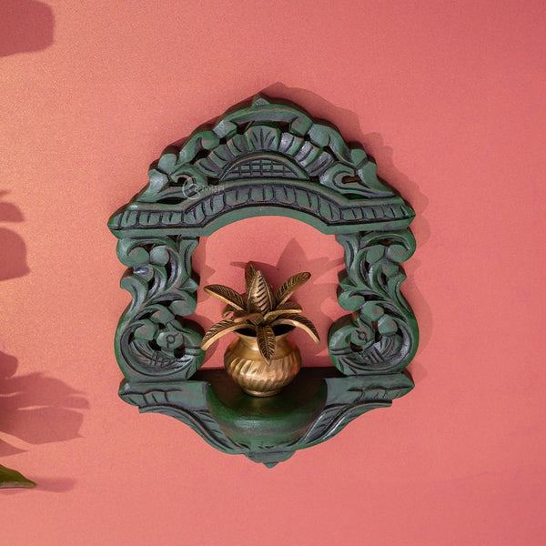 Wooden Carved Handpainted Green Bracket With Mango Leaf Kalash