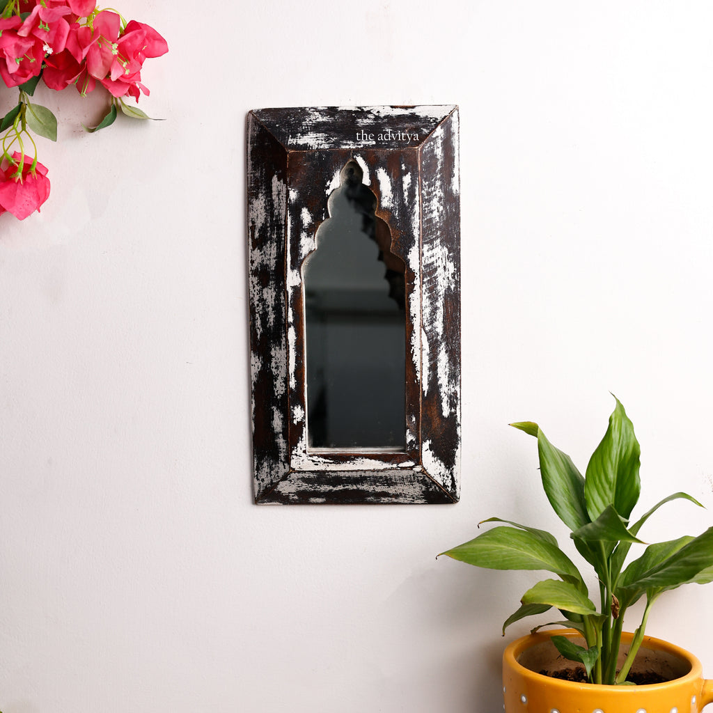 Black Distressed Wooden Wall Mirror