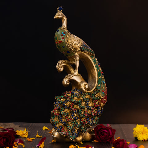 Brass Peacock With Stonework Showpiece 