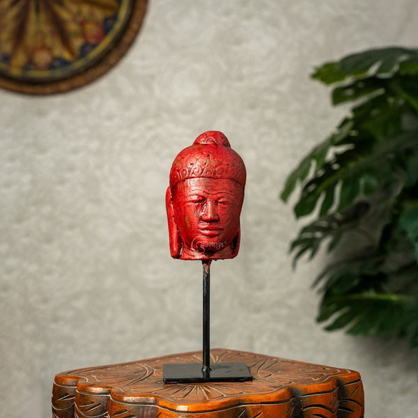 Wooden Buddha Face on Iron Stand (Red)
