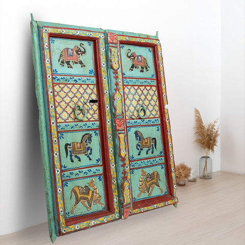Wooden Door Handpainted with Royal Animals (Dust Blue)
