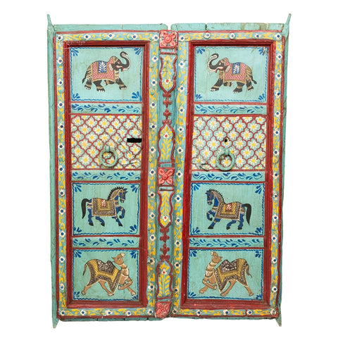 Wooden Door Handpainted with Royal Animals (Dust Blue)