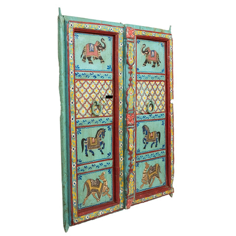 Wooden Door Handpainted with Royal Animals (Dust Blue)