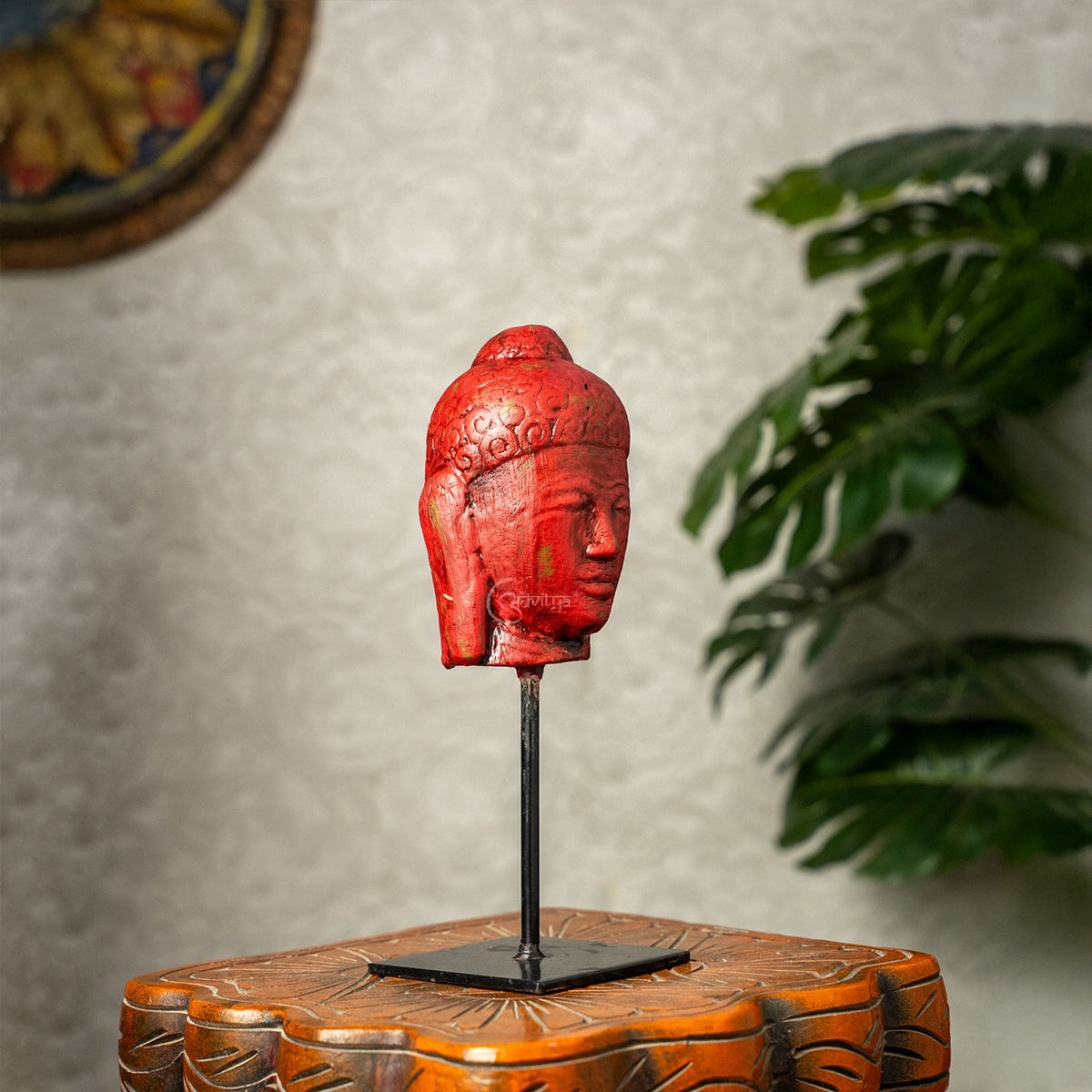 Wooden Buddha Face on Iron Stand (Red)