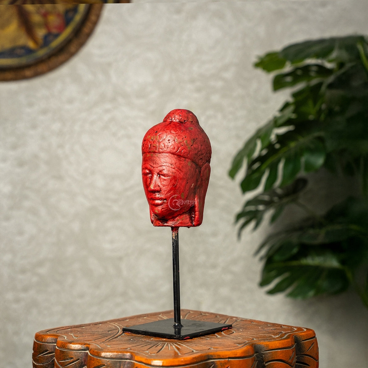 Wooden Buddha Face on Iron Stand (Red)