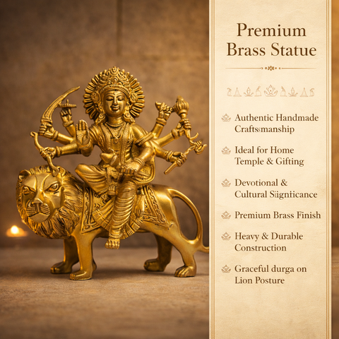 Goddess Durga Murti with Lion in Brass for Mandir, Pooja Room & Festive Decor | 8 Inch