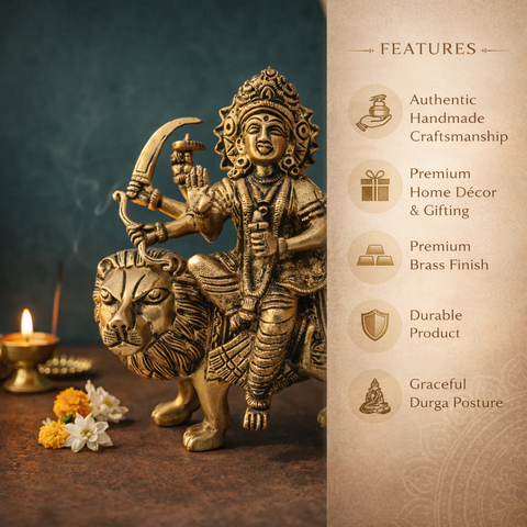 Maa Durga on Lion Brass Statue for Home & Temple | 7 Inch