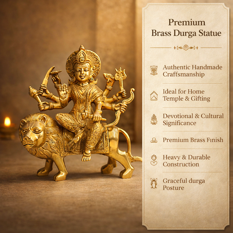 Durga Mata Brass Murti with Lion for Home Temple & Spiritual Decor | 9 Inch