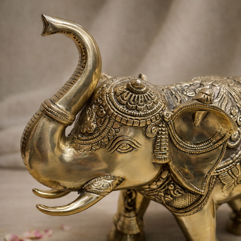 Elephant Idol in Brass Finish for Decor & Gifting | 14 X 11.5 Inches