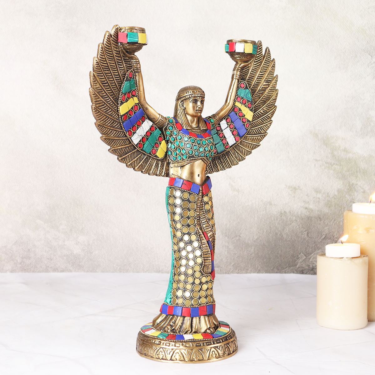 Vintage Egyptian Goddess Candle Stand With Mosaic Work