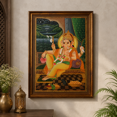 Ganesha with Mushak Vintage Painting in a Wooden Frame
