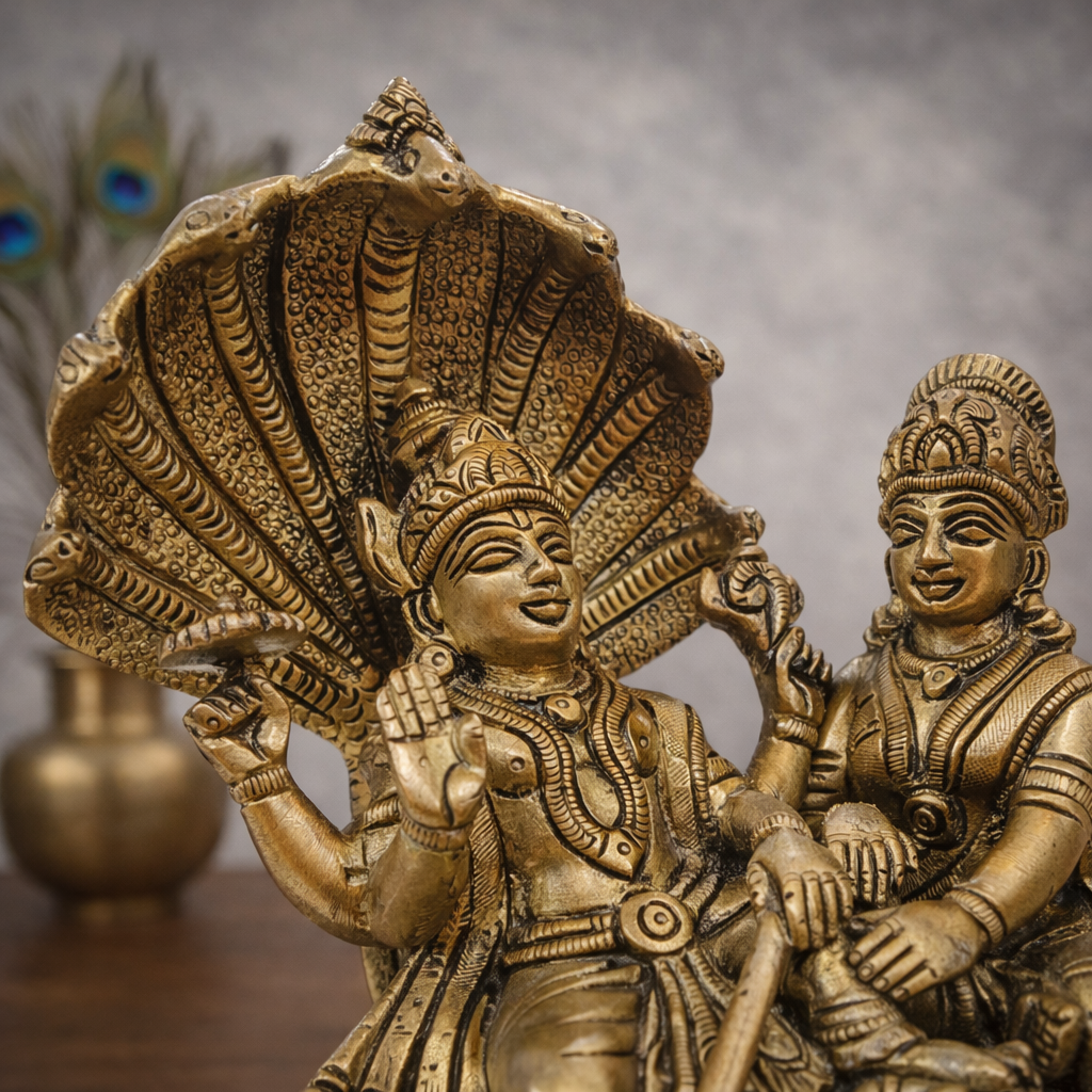 Shri Laxmi Narayan Idol on Sheshnaag in Brass Finish for Home Temple & Decor | 8.8 Inch