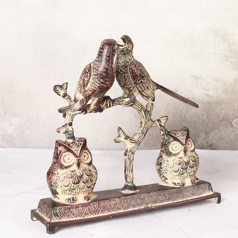 Antique Brass Bird Pair Sitting On Branch  With Two Owls