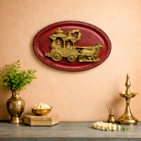 Mahabharata Krishna Arjuna Chariot Brass Wall Hanging with Wooden Base | 18 Inch