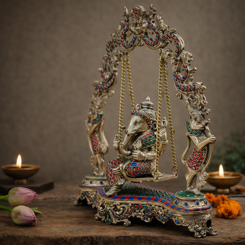 Ganesh on Jhula/Swing | Stonework Finishing | Brass Make| Decor & Gifting | 17.5 Inches