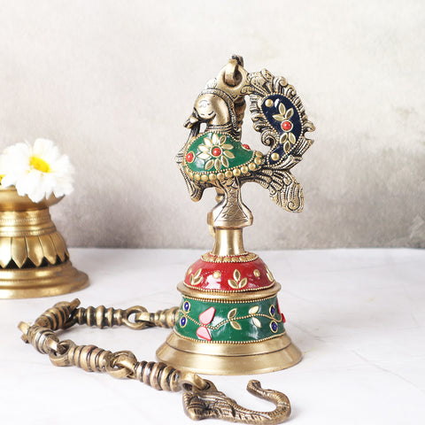 Brass Peacock Temple Hanging Bell With Mosaic Work