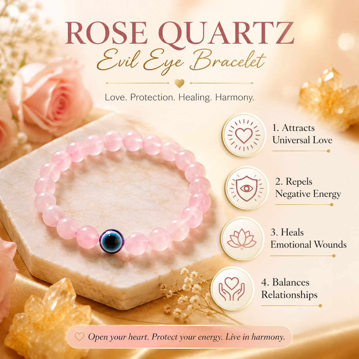 Natural Rose Quartz with Evil Eye Bracelet for Love, Protection & Emotional Peace