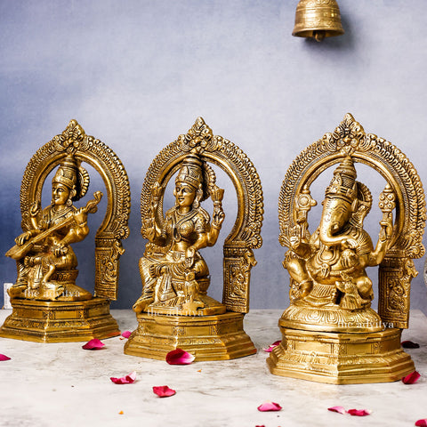 Brass Ganesh Lakshmi Saraswati on High Base Large