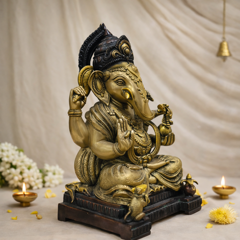 Lord Ganesha Murti | God of Good Beginning | Brass Statue | Mixed Finish | 18.5 Inches