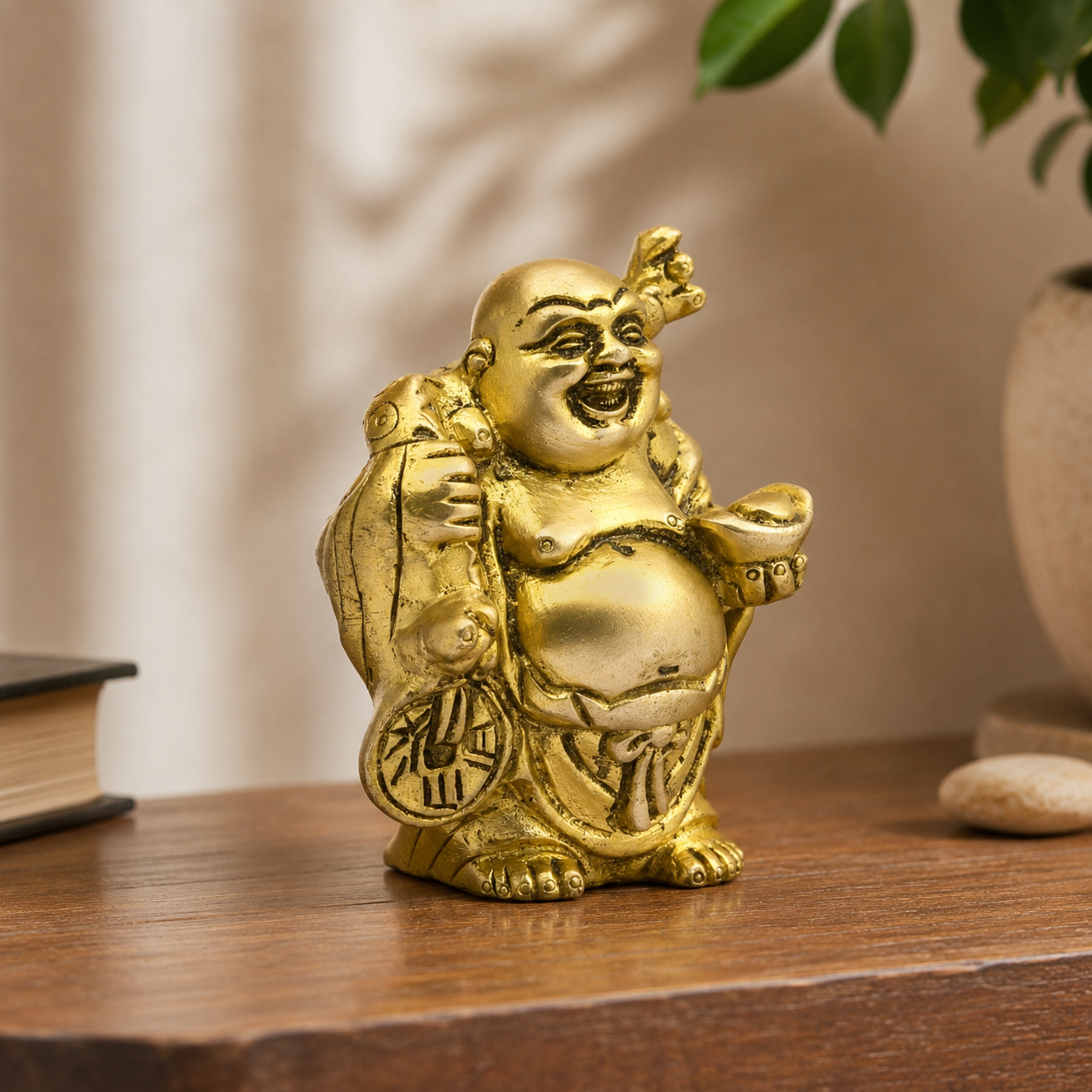 Brass Laughing Buddha Murti Pair for Prosperity & Positive Energy