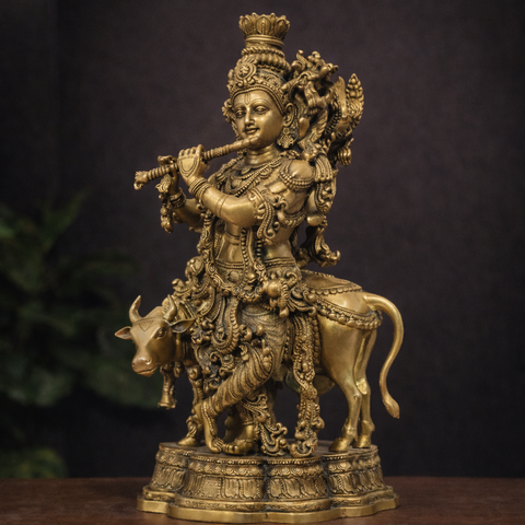 Lord Krishna with Cow Idol in Brass Finish for Temple & Decor | 27 Inches