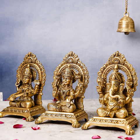 Brass Ganesh Laxmi  Sarasawti On Base With Ring