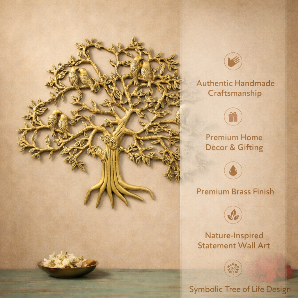 Kalpvriksha Tree with Birds Brass Wall Decor for Prosperity & Growth | 23 inches