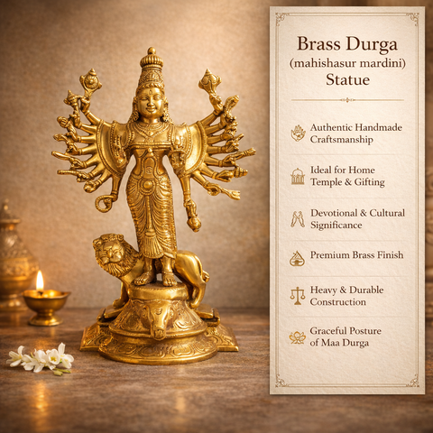 Durga Mahishasur Mardini Brass Idol with Lion for Home Temple & Pooja Room | 10 Inch
