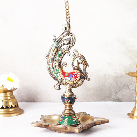 Brass Sparrow Hanging Diya in Mosaic Work