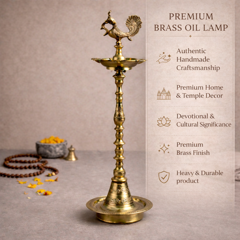 Peacock Venu Lamp | Five Wick Diya | Brass Diya | Pooja & Decor | 35.5 Inches