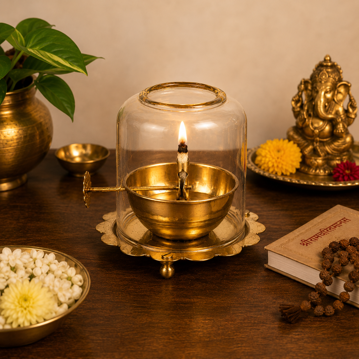 Brass Akhand Jyot Diya With Adjustable Bati Knob(Medium| 150 ML)