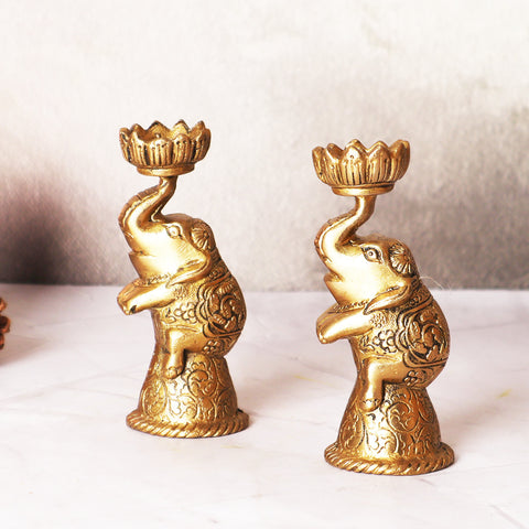 Brass Elephant Candle Stand Pair