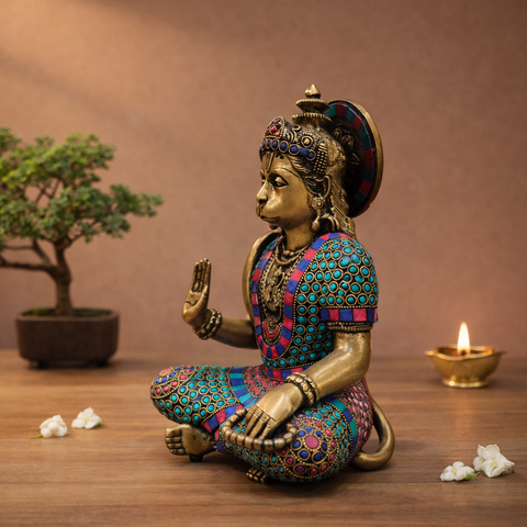Hanuman's Abhaya Mudra Murti in Brass with Stonework | 11.5 inches