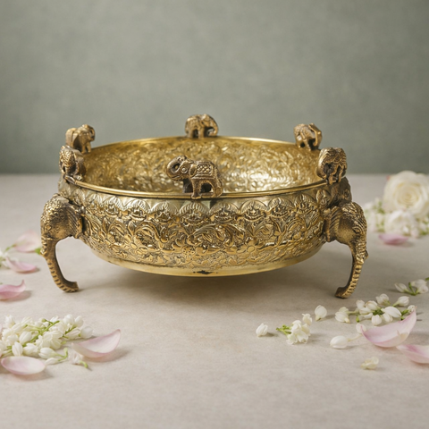 Elephant Face Urli | Brass Bowl for Decor & Gifting | Lightweight | Floral Detailing | 8 X 4 Inches