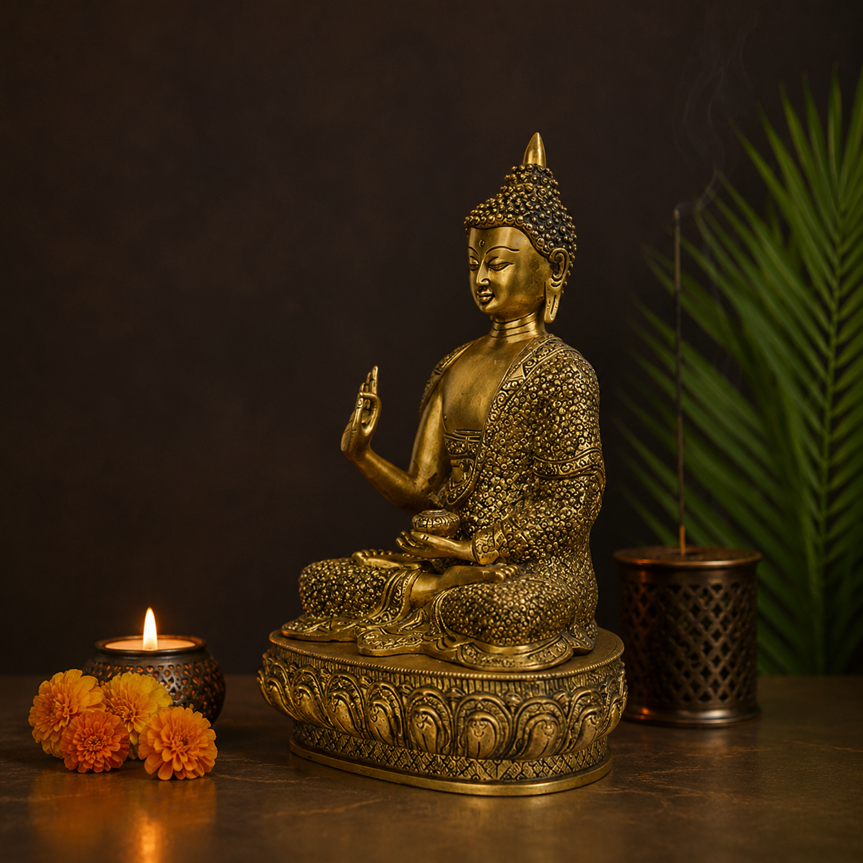 Large Brass Sitting Buddha Statue on Ornamental Base