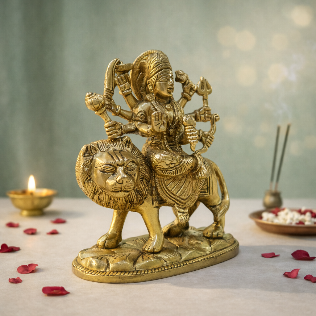Goddess Durga with Lion Brass Idol for Mandir | 6.5 Inches