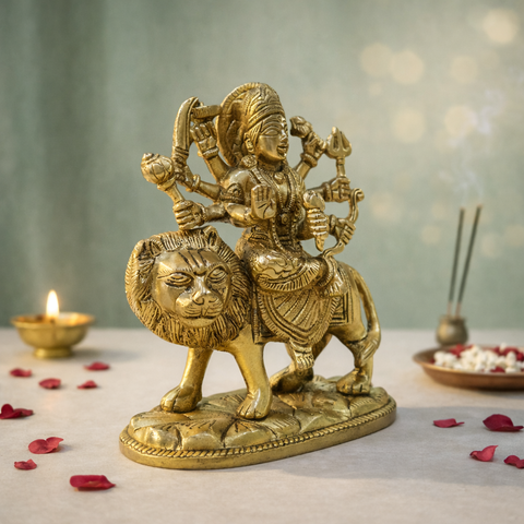 Goddess Durga with Lion Brass Idol for Mandir | 6.5 Inches