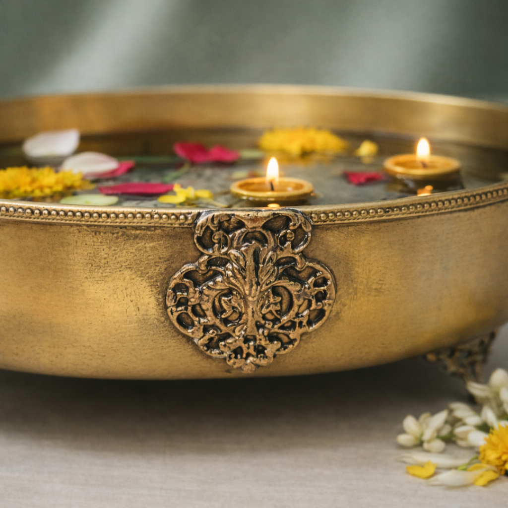 Suvarna Shanti Oval Urli | Brass Bowl | Festive Decorative Bowl | Gifting Item | 12 X 3.2 Inches