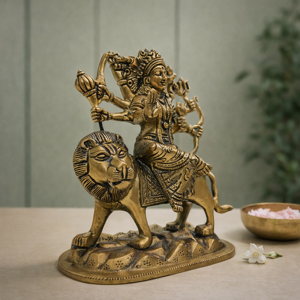 Durga Mata Brass Murti with Lion for Pooja Room | 7.5 Inches
