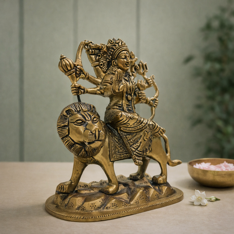 Durga Mata Brass Murti with Lion for Pooja Room | 7.5 Inches