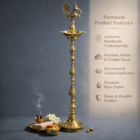 Peacock Lamp | Five Bati Diya | Brass Diya | Pooja & Inauguration Decor | 52 Inches