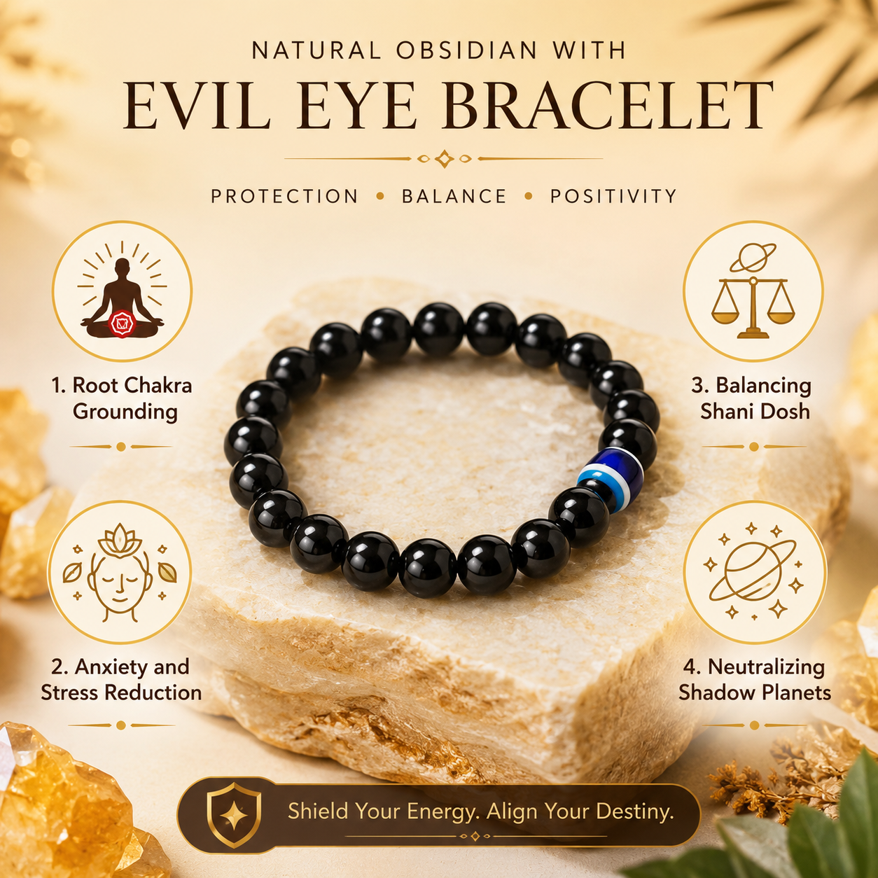 Natural Obsidian with Evil Eye Bracelet for Protection & Negative Energy Shield