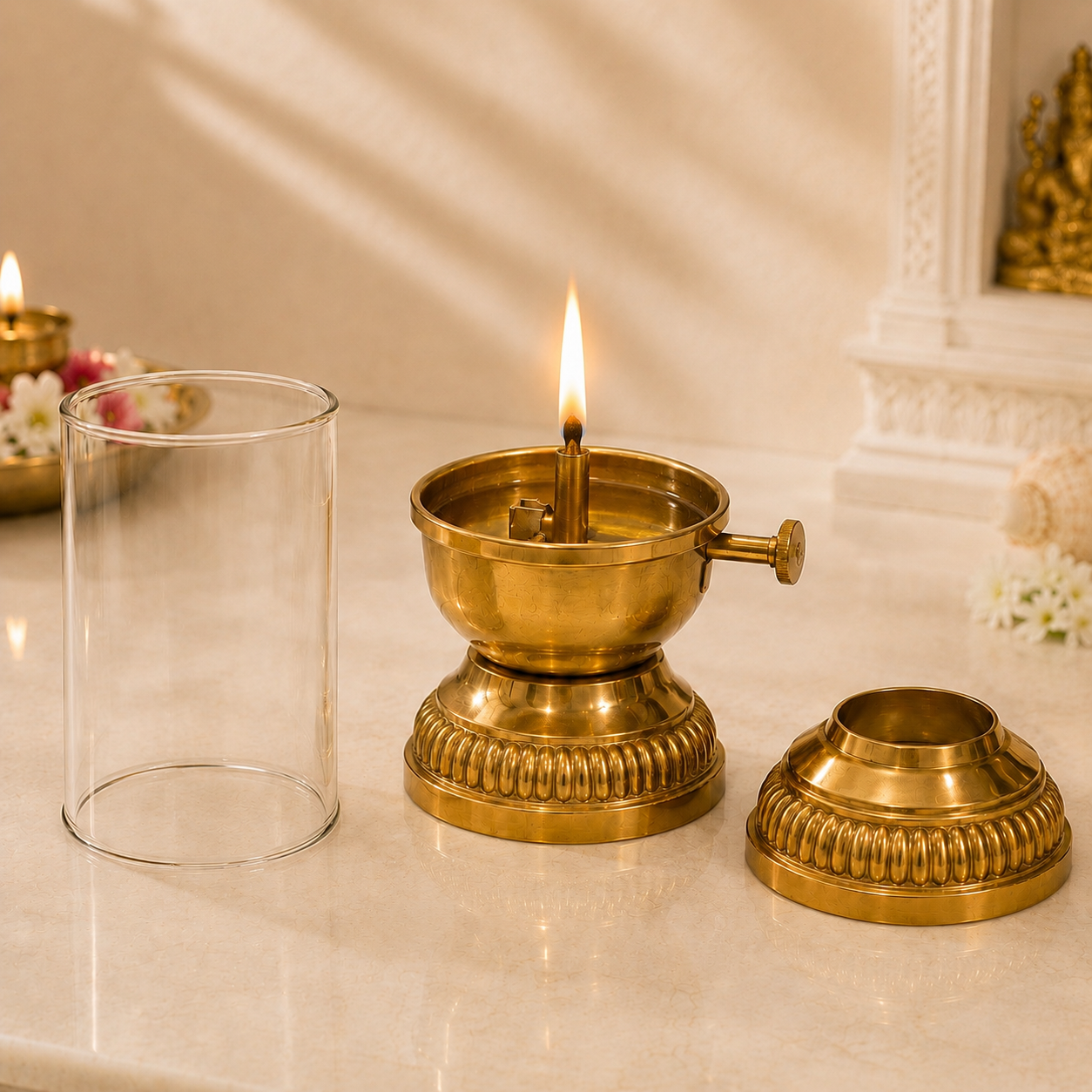 Elegant Brass Oil Akhand Jyot Diya With Adjustable Bati ( Small, 100 ml Capacity )