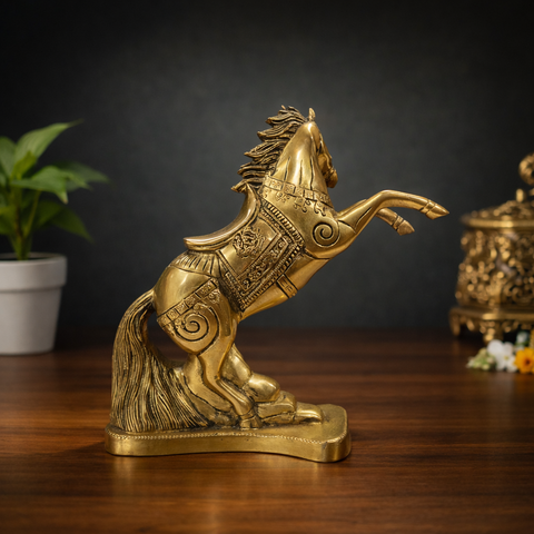 Horse with Raised Legs Brass Statue for Vastu, Success Symbol Decor | 8.5 Inch