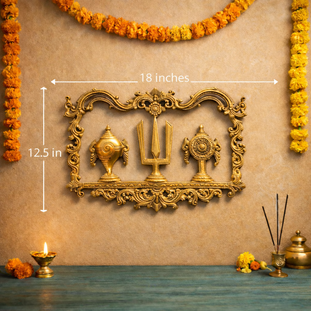 Vaishnav Tilak with Shankh Chakra Brass Wall Hanging Decor | 12.5 inches